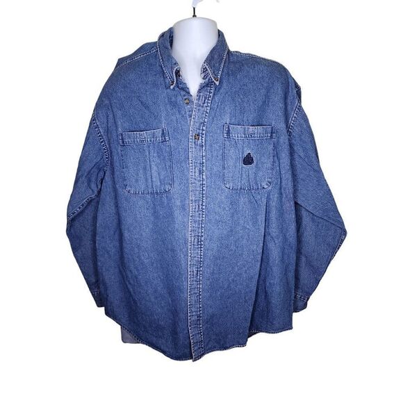 Vintage 80s Izod Long Sleeve Button Up Denim Shirt Mens Size XL Blue Heavyweight - Picture 1 of 6
